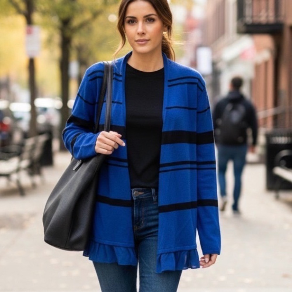 By Design Striped Cardigan Women Large Blue Black‎ Chiffon Ruffle Hem Open Front